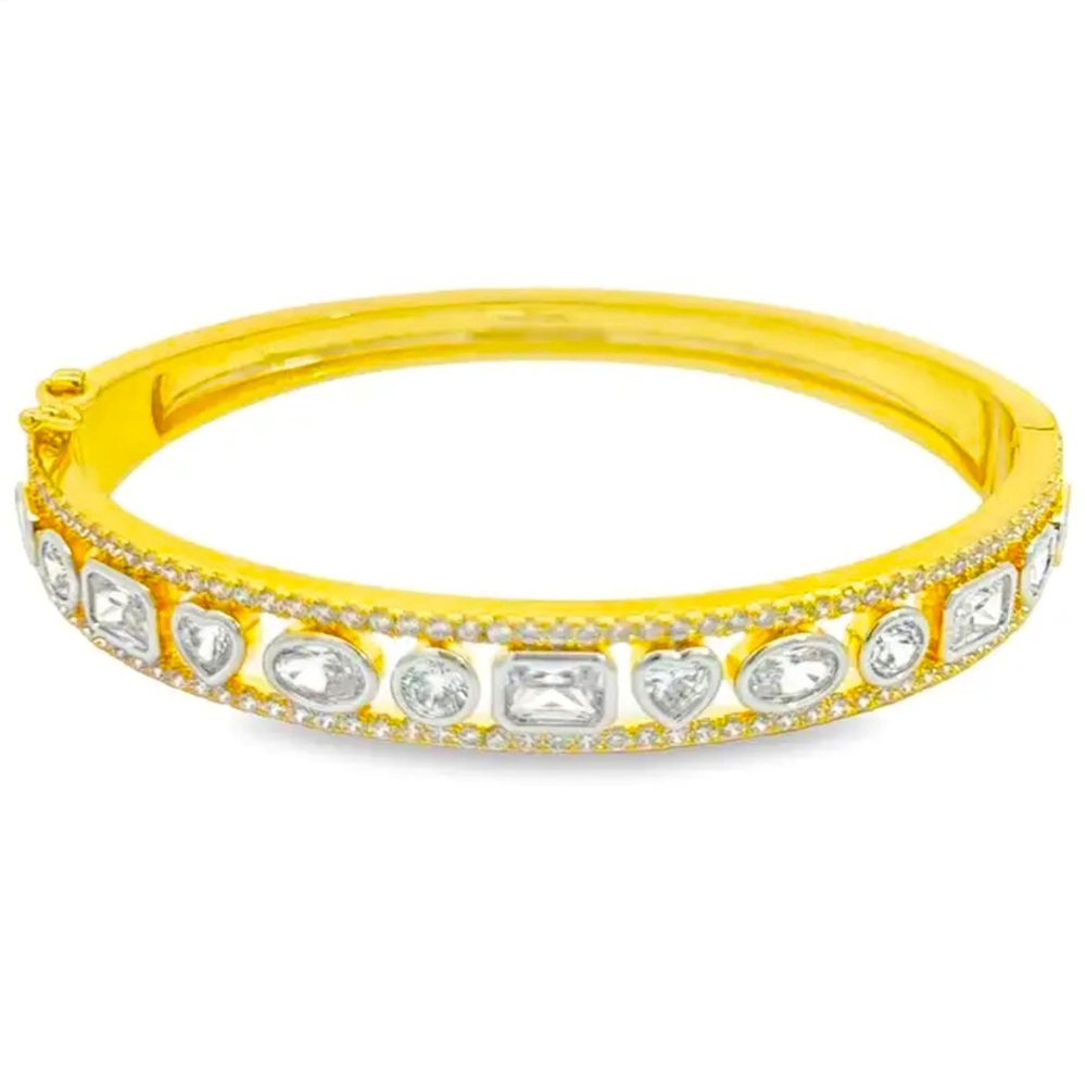 18K Yellow Gold Plated Two-Tone Multi-Shape Bezel Bangle Bracelet